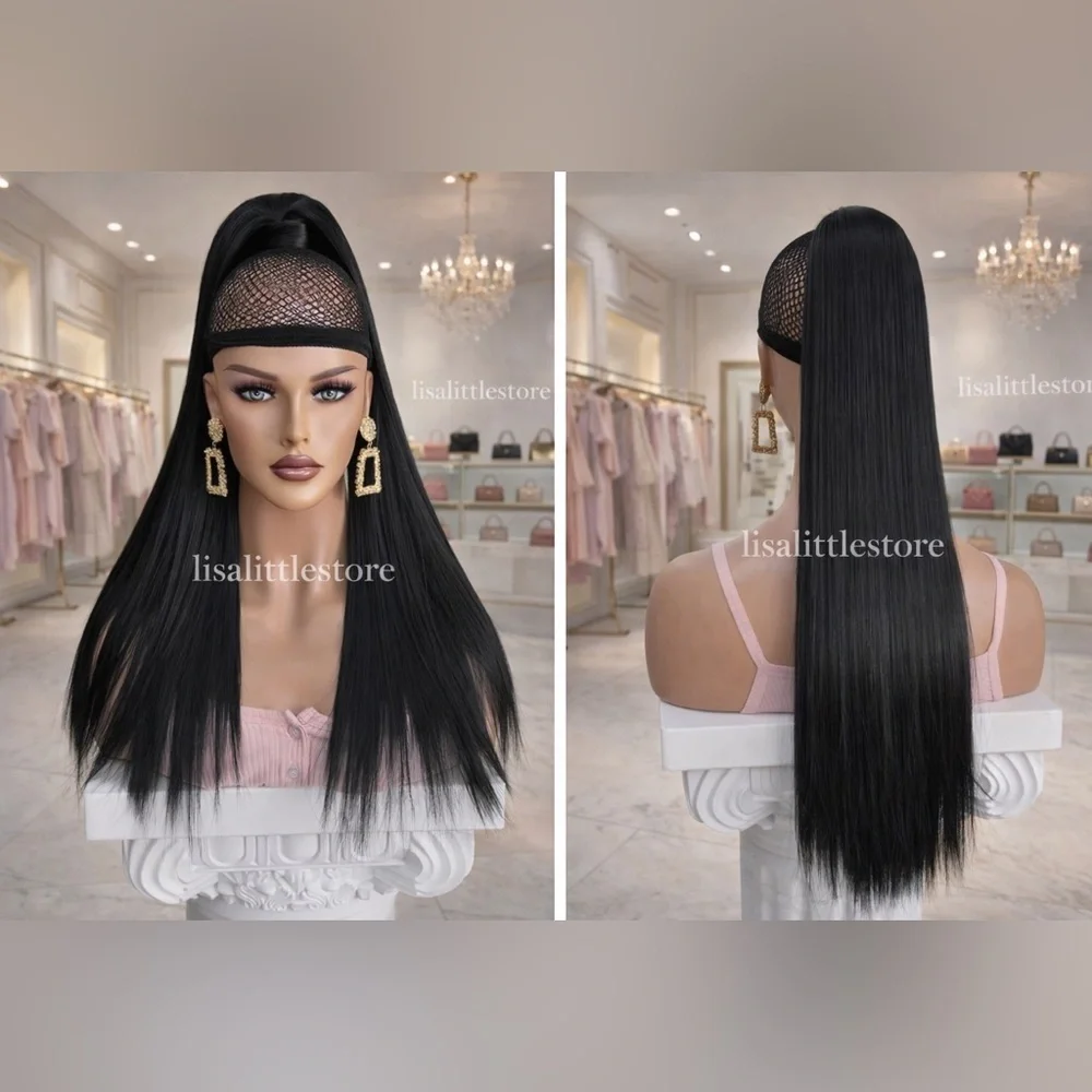 26” Human Hair Blend with Synthetic Fibers Wrap Around Ponytail Extension Black